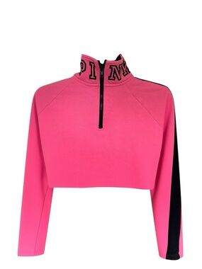 VS PINK Quarter Zip Crop Pullover Y2K Hot Pink Black Stripe